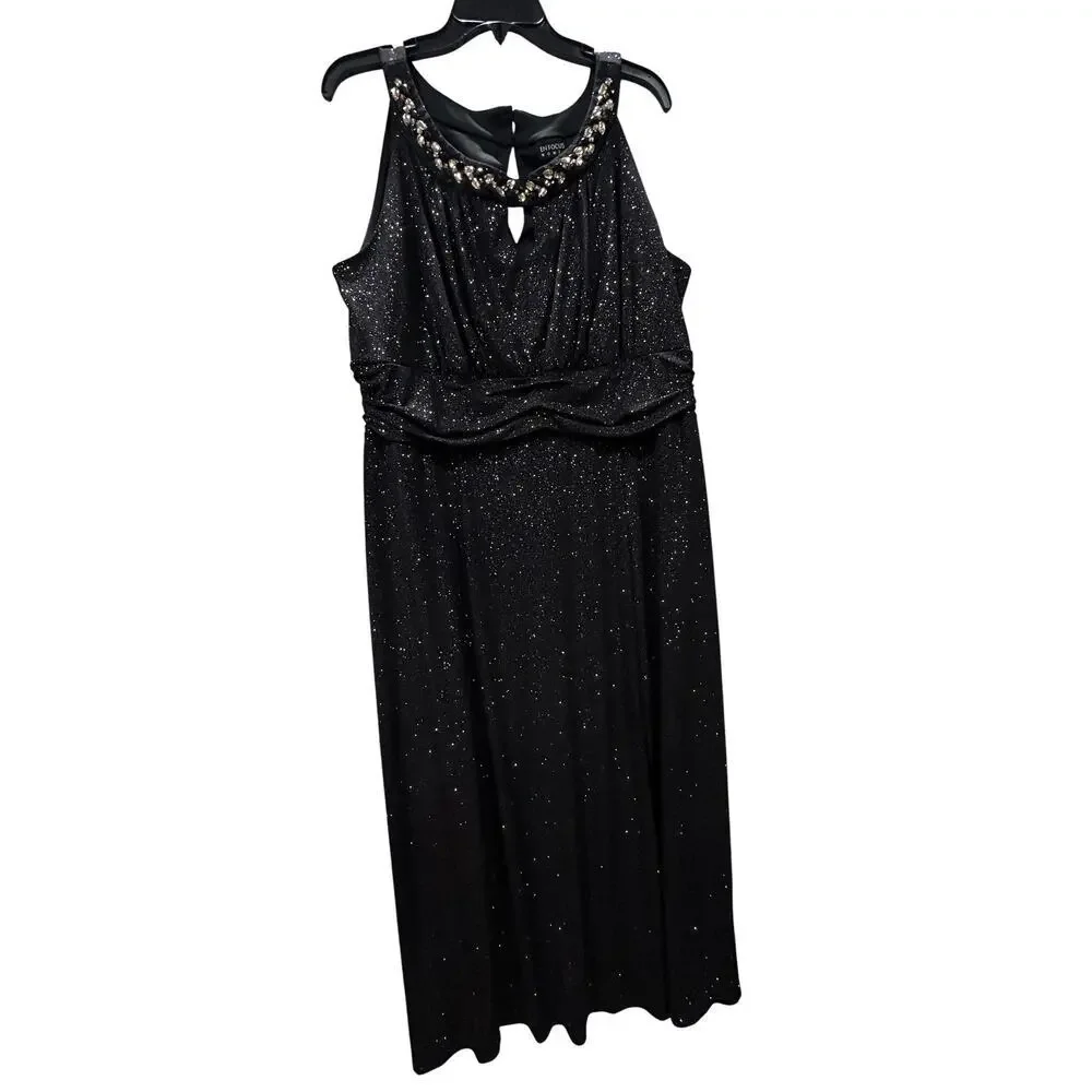 En Focus Women Dress Womens Plus 20W Black Sparkle Beaded Neckline Keyhole Lined